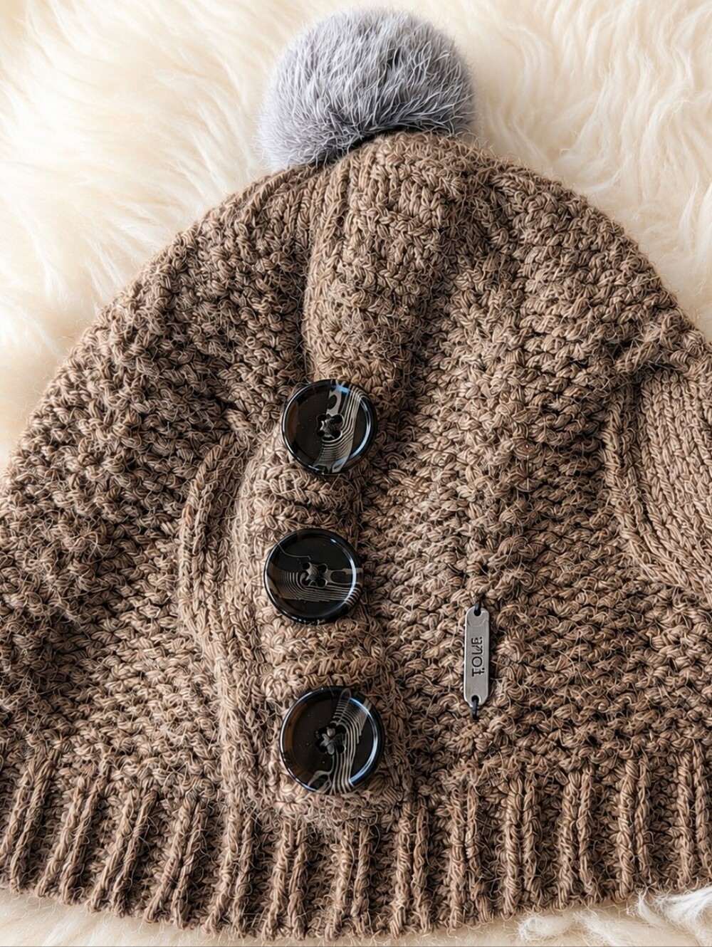 LOLE O/S Brown Chunky Knit Pom Pom Beanie with Button Detail
